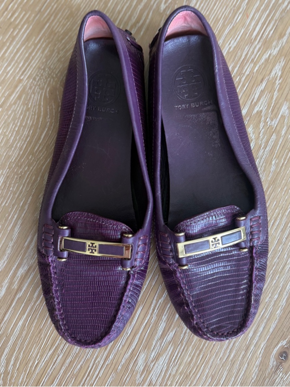 Tory Burch Plum Leather Driver Loafers with Gold Hardware